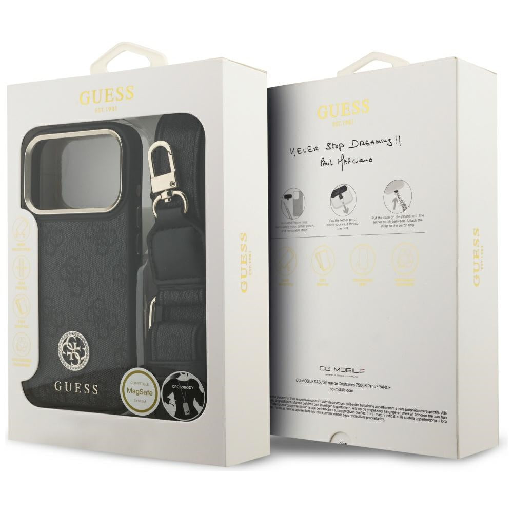 Калъф MagSafe за Apple iPhone 17 Pro, Guess, 4G Strass Logo with Big Strap, Черен