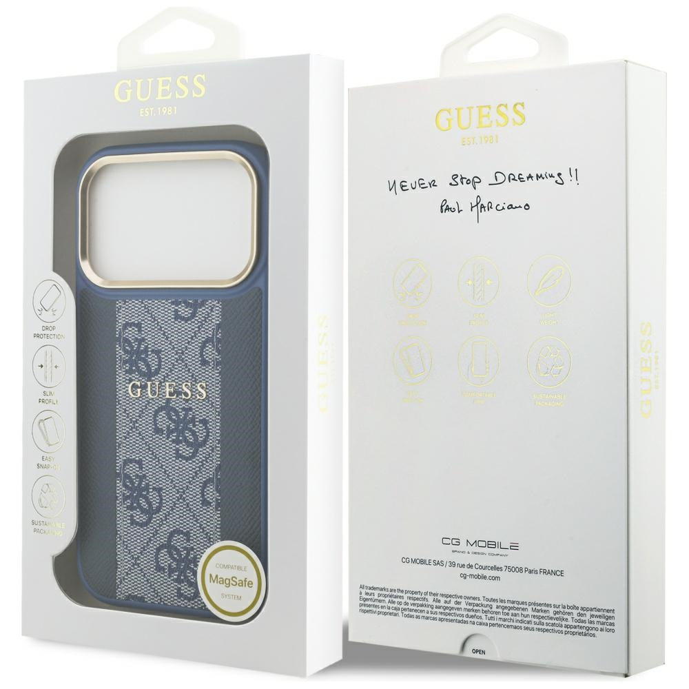 Калъф MagSafe за Apple iPhone 17 Pro, Guess, 4G Stripe, Син