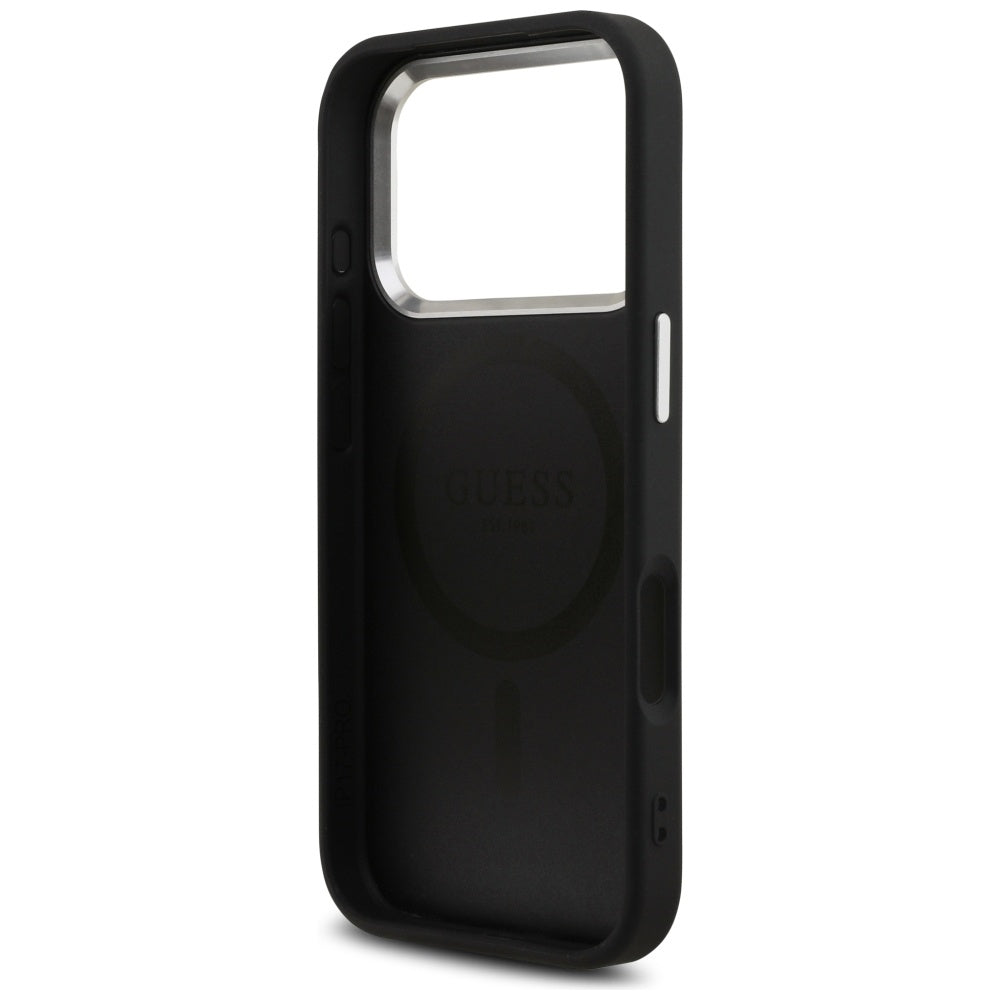Калъф MagSafe за Apple iPhone 17 Pro, Guess, 4G Triangle Logo, Черно Сребрист