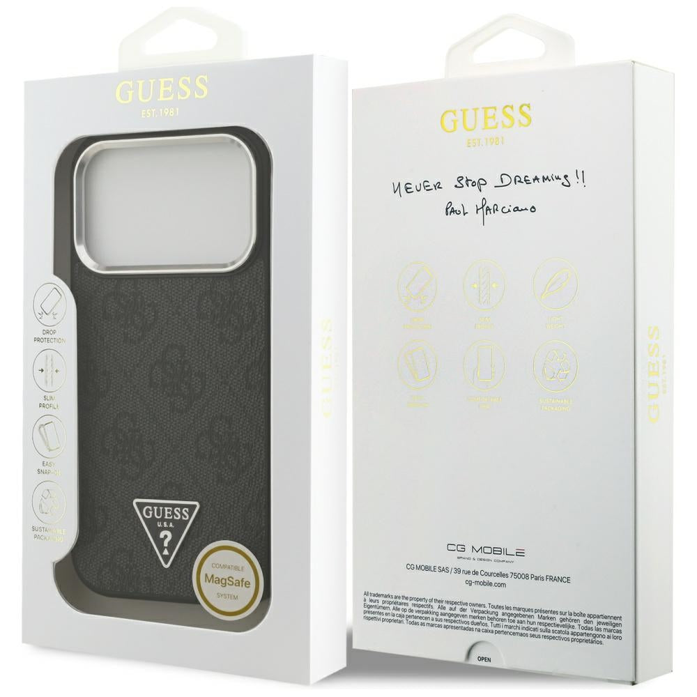 Калъф MagSafe за Apple iPhone 17 Pro, Guess, 4G Triangle Logo, Черно Сребрист