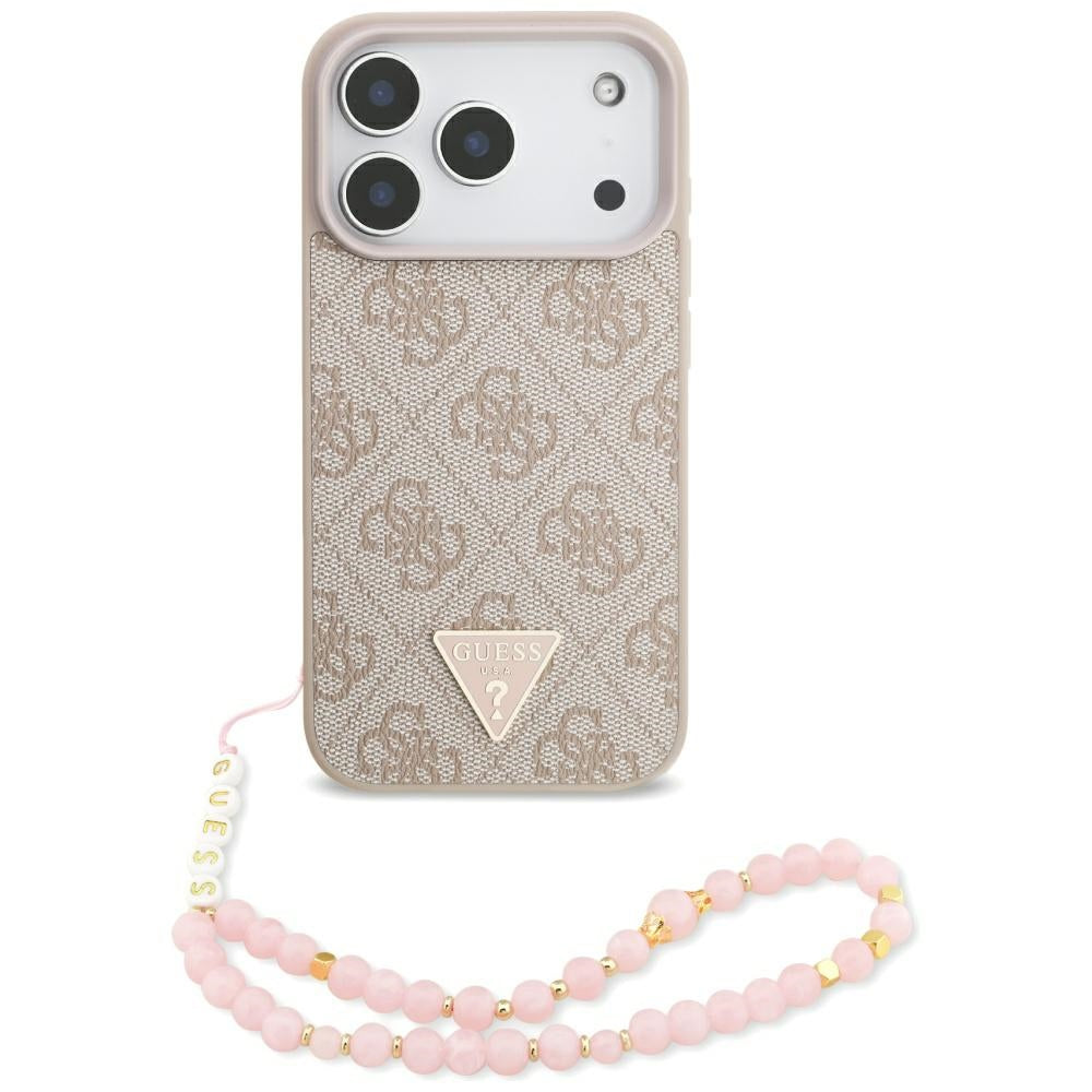 Калъф MagSafe за Apple iPhone 17 Pro, Guess, 4G Triangle Logo с перлена презрамка, Розов