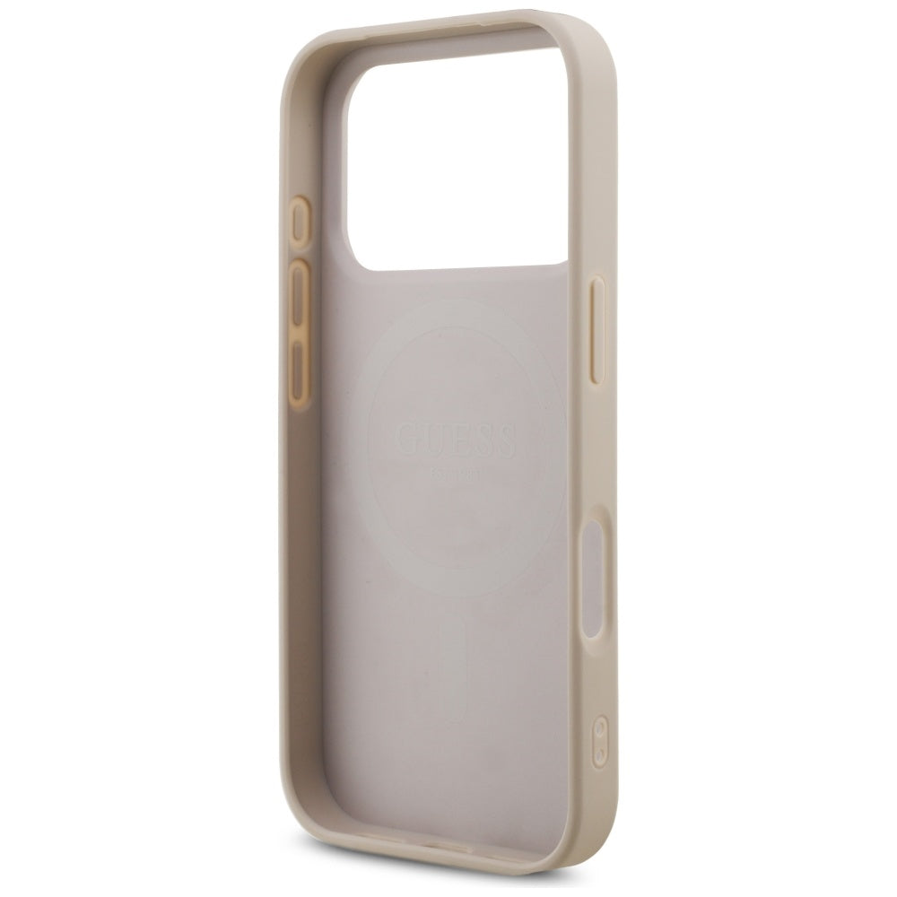 Калъф MagSafe за Apple iPhone 17 Pro, Guess, 4G Triangle Logo с перлена презрамка, Розов