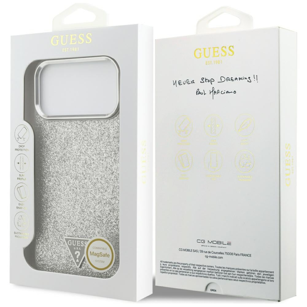 Калъф MagSafe за Apple iPhone 17 Pro, Guess, Glitter Triangle Logo, Сребрист