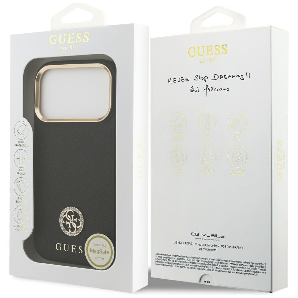 Калъф MagSafe за Apple iPhone 17 Pro, Guess, Grained Strass Logo, Черен