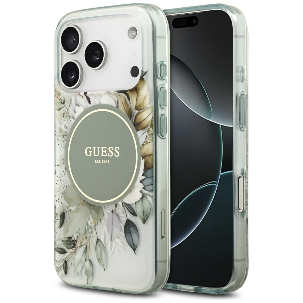 Калъф MagSafe за Apple iPhone 17 Pro, Guess, IML Flower and Tonal Circle, Зелен