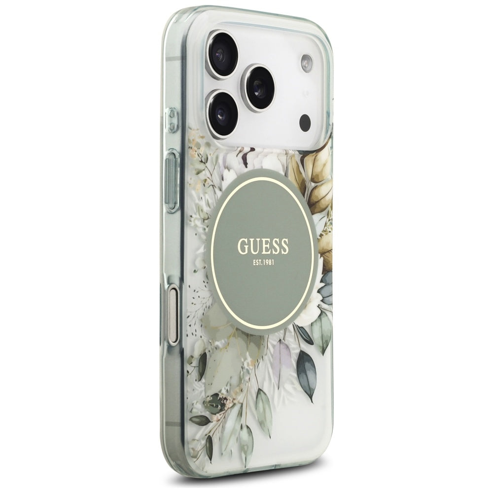 Калъф MagSafe за Apple iPhone 17 Pro, Guess, IML Flower and Tonal Circle, Зелен