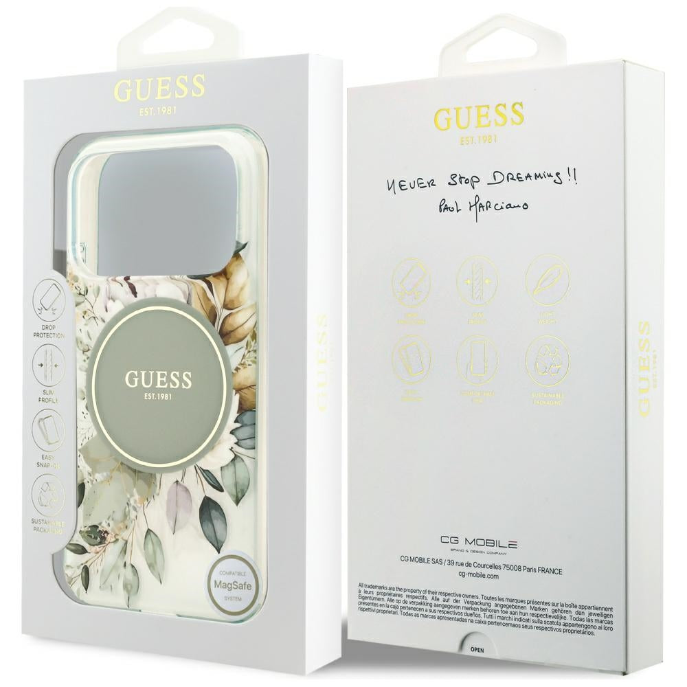 Калъф MagSafe за Apple iPhone 17 Pro, Guess, IML Flower and Tonal Circle, Зелен
