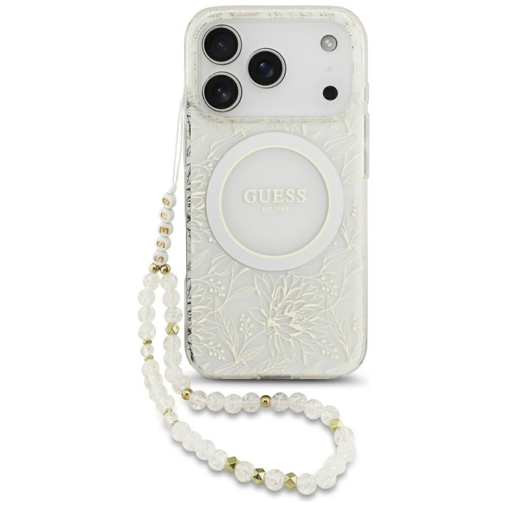 Калъф MagSafe за Apple iPhone 17 Pro, Guess, IML Flowers Allover Electroplated with Pearl Strap, Бял