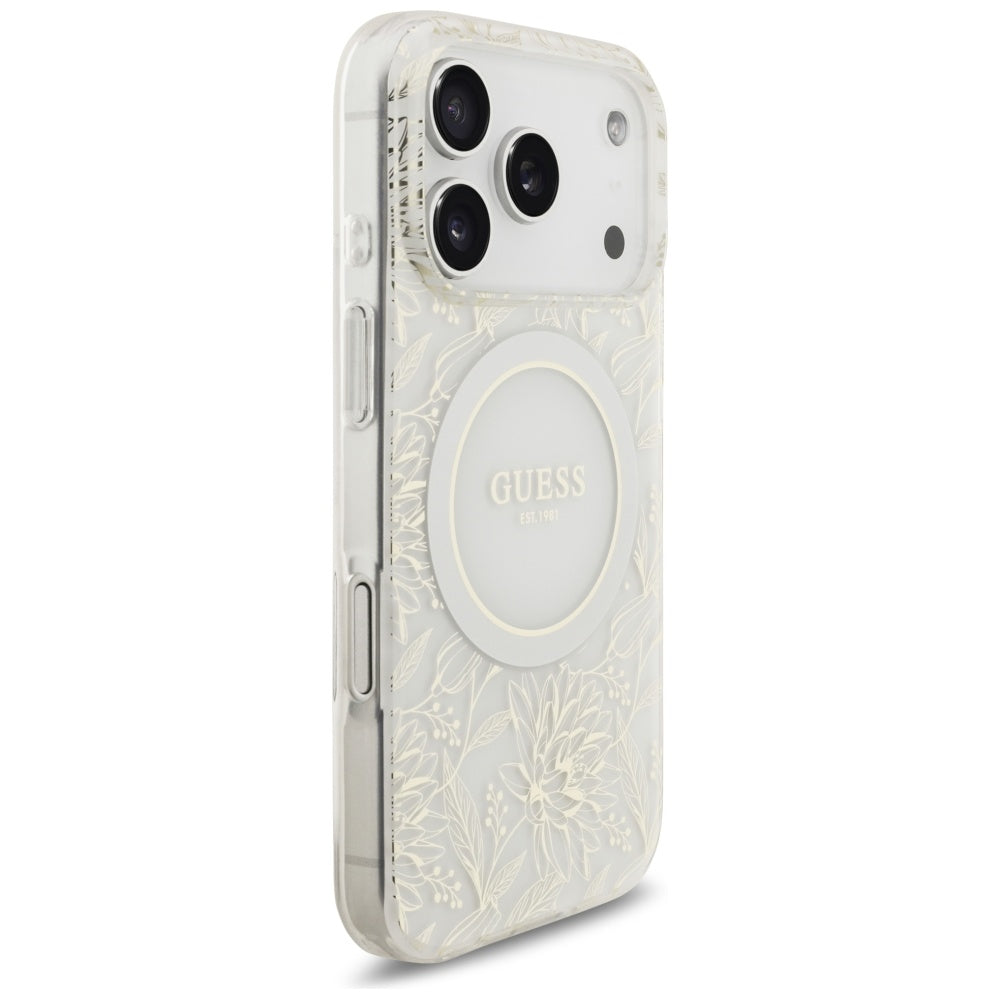 Калъф MagSafe за Apple iPhone 17 Pro, Guess, IML Flowers Allover Electroplated with Pearl Strap, Бял