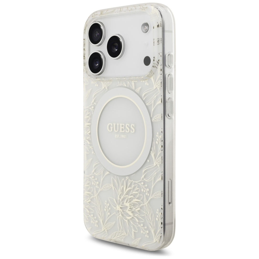 Калъф MagSafe за Apple iPhone 17 Pro, Guess, IML Flowers Allover Electroplated with Pearl Strap, Бял