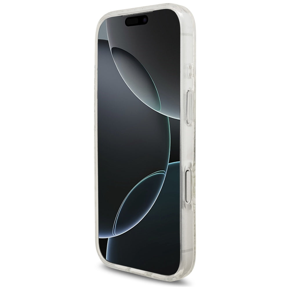 Калъф MagSafe за Apple iPhone 17 Pro, Guess, IML Flowers Allover Electroplated with Pearl Strap, Бял