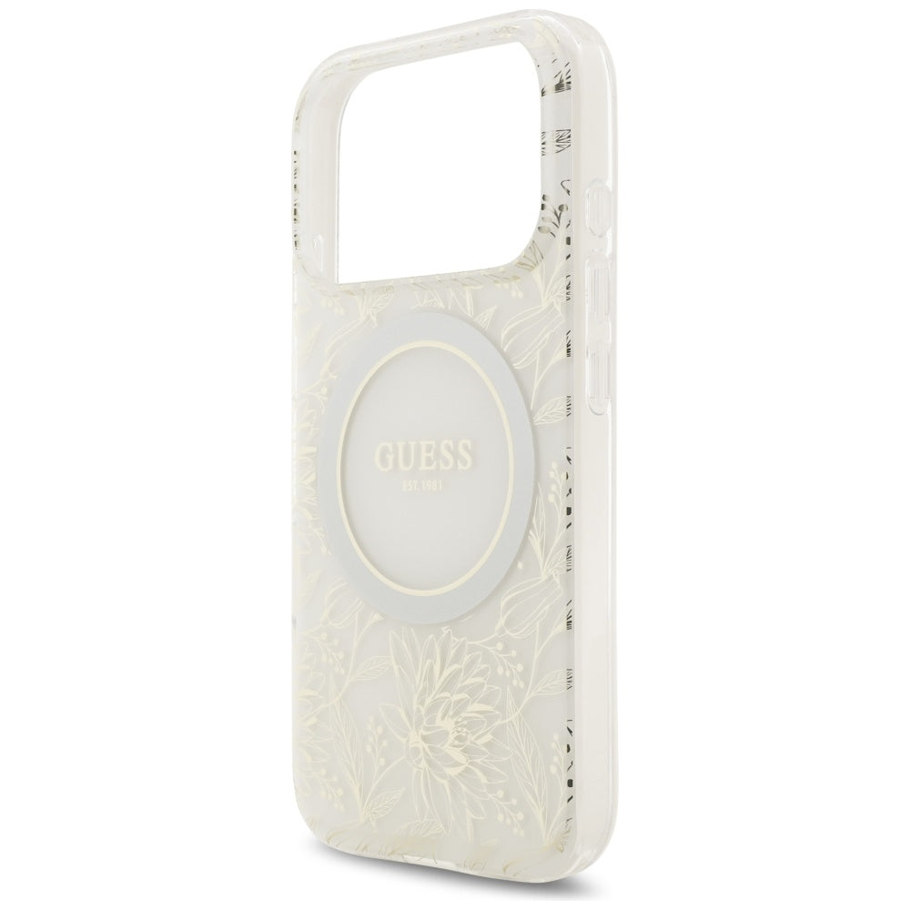 Калъф MagSafe за Apple iPhone 17 Pro, Guess, IML Flowers Allover Electroplated with Pearl Strap, Бял