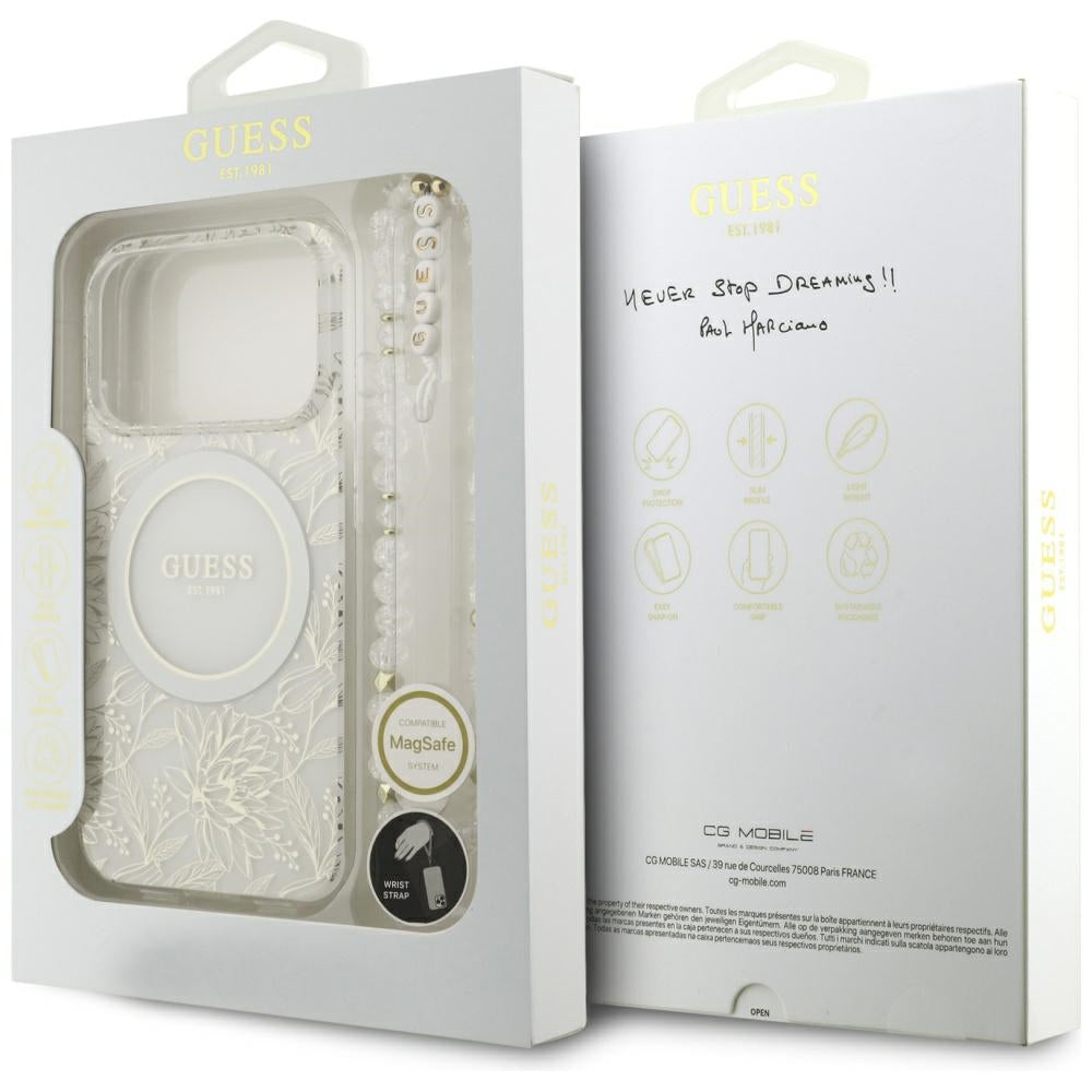 Калъф MagSafe за Apple iPhone 17 Pro, Guess, IML Flowers Allover Electroplated with Pearl Strap, Бял