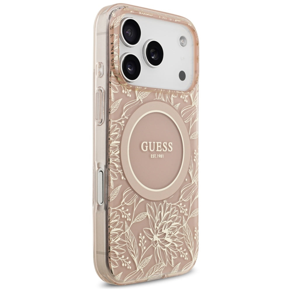 Калъф MagSafe за Apple iPhone 17 Pro, Guess, IML Flowers Allover Electroplated with Pearl Strap, Розов