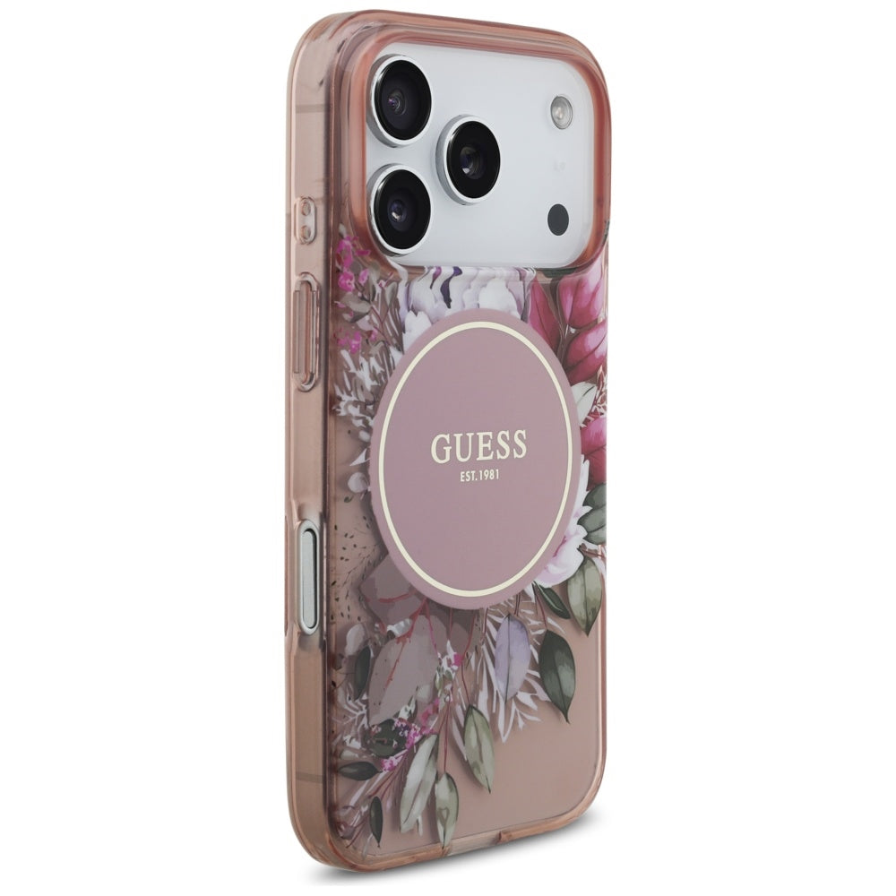 MagSafe Case for Apple iPhone 17 Pro, Guess, IML Flowers with Pearl Strap, Pink