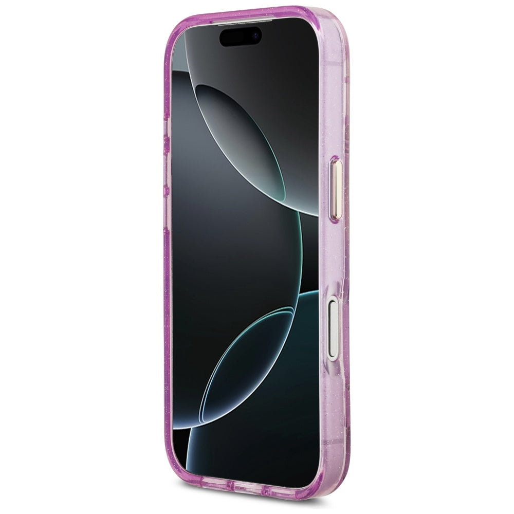 Калъф MagSafe за Apple iPhone 17 Pro, Guess, IML Metal Glitter Flowers Triangle, Лилав
