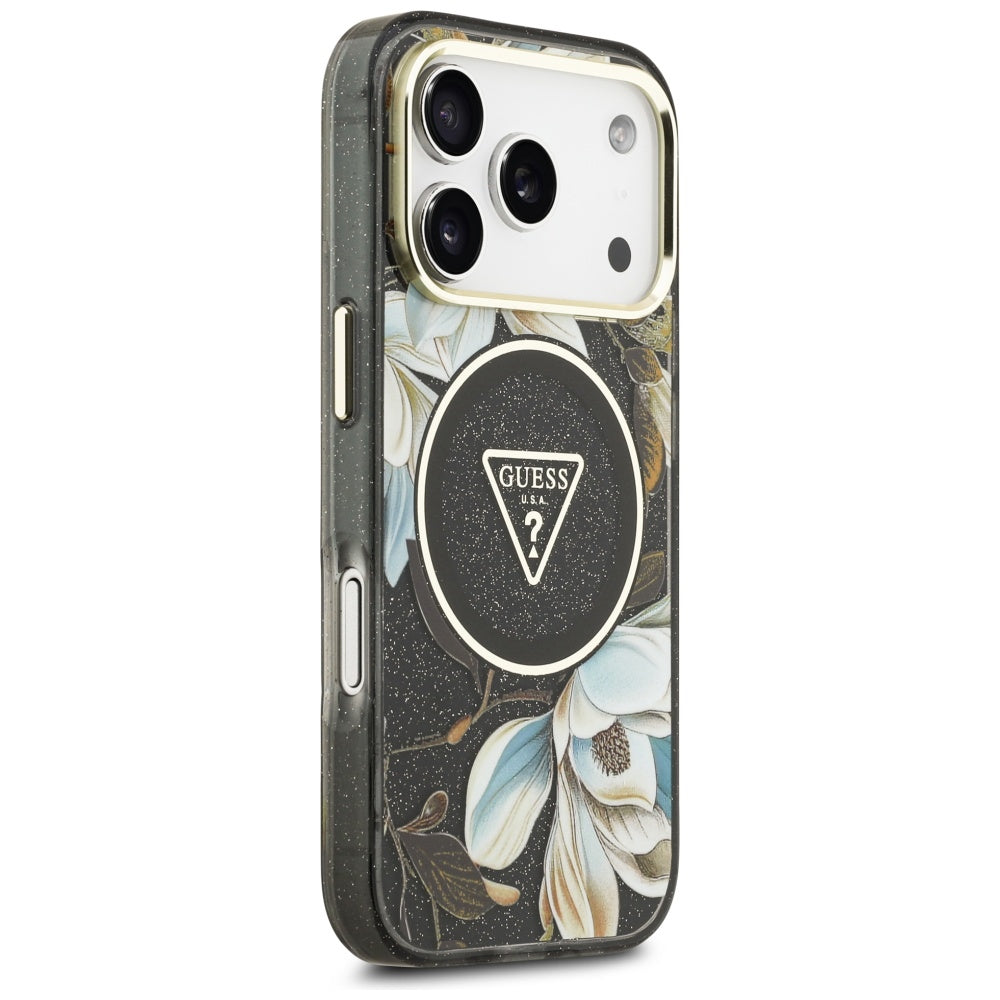 Калъф MagSafe за Apple iPhone 17 Pro, Guess, IML Metal Glitter Flowers Triangle, Черен