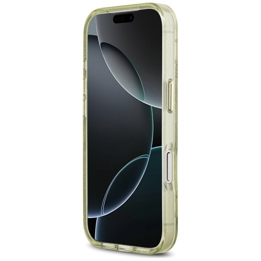 Калъф MagSafe за Apple iPhone 17 Pro, Guess, IML Metal Glitter Flowers Triangle, Зелен