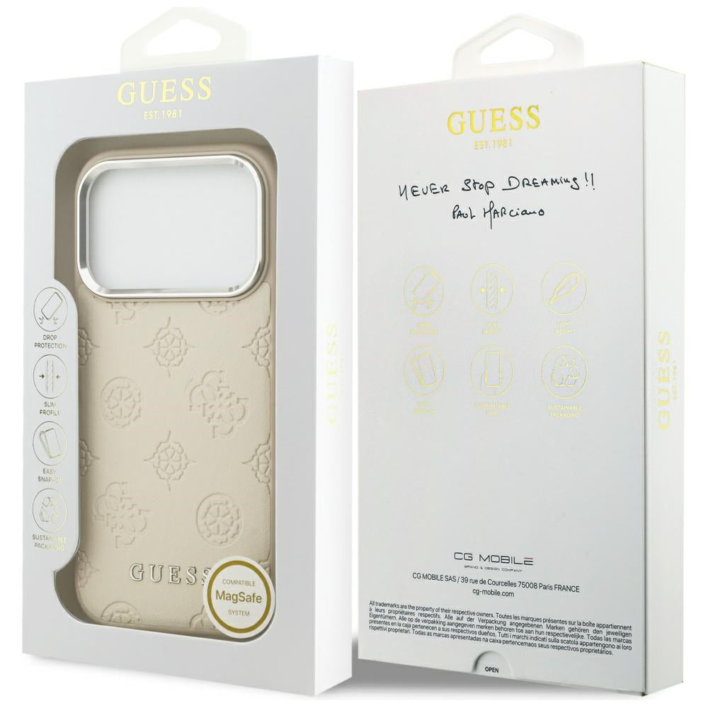 Калъф MagSafe за Apple iPhone 17 Pro, Guess, Peony Hot Stamp Script, Бежов