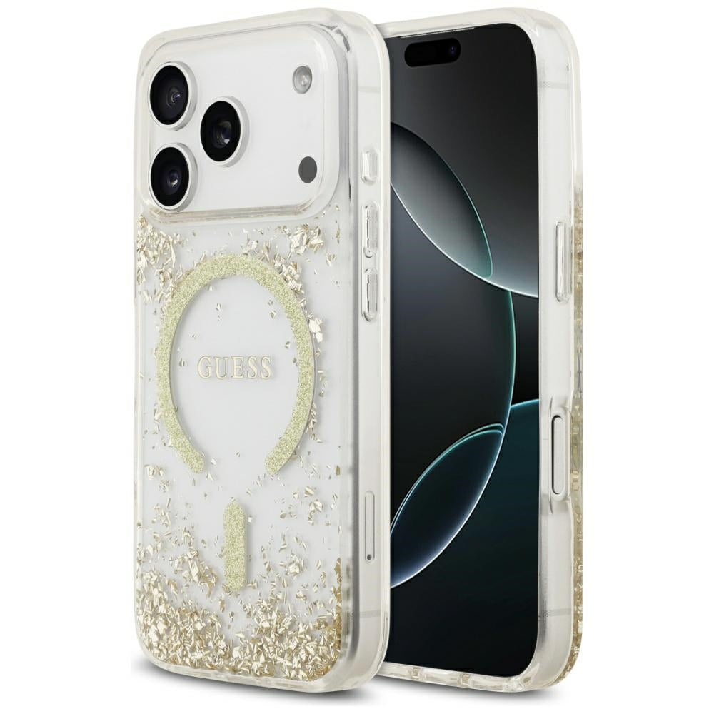 Калъф MagSafe за Apple iPhone 17 Pro, Guess, Resin Bottom Glitter, Златист