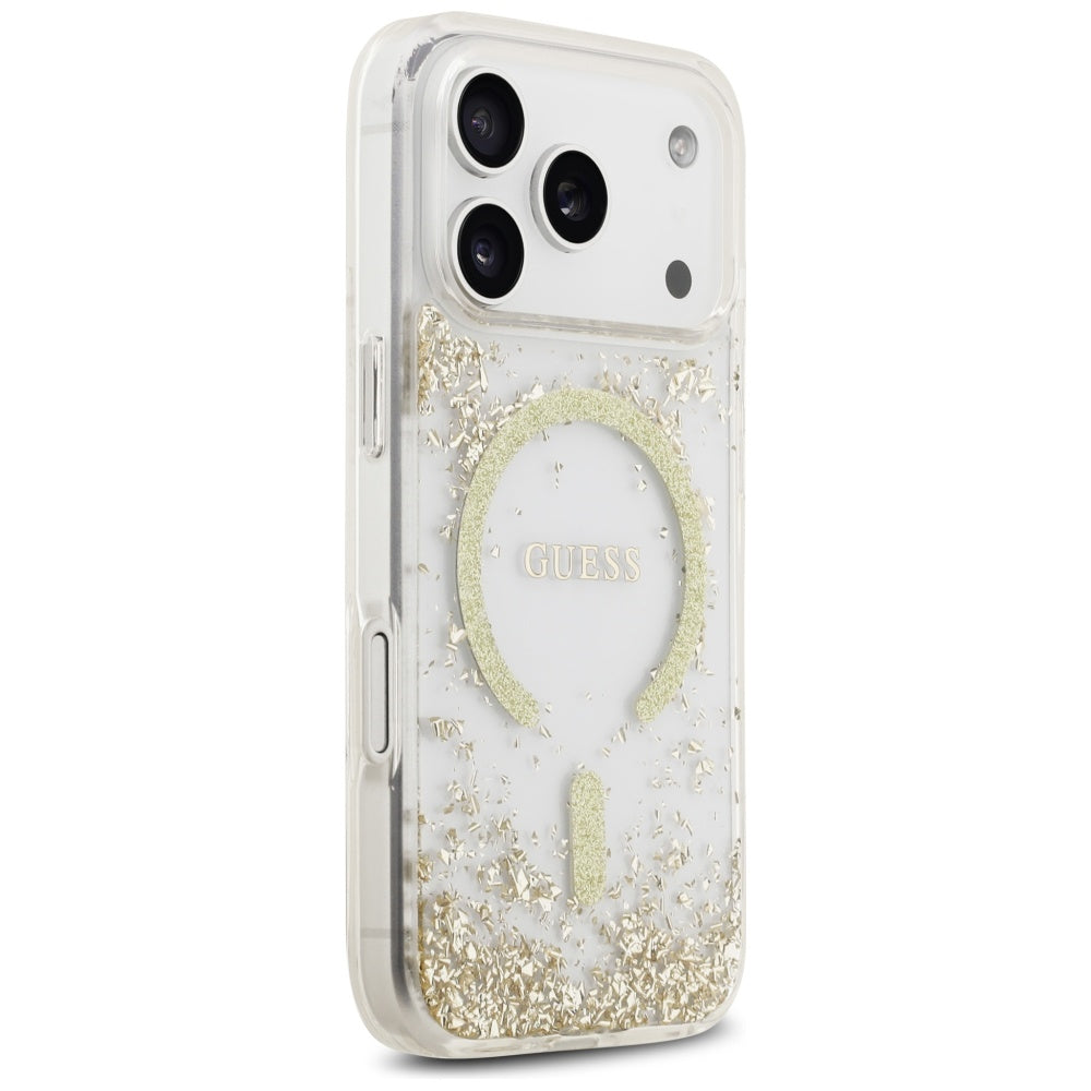Калъф MagSafe за Apple iPhone 17 Pro, Guess, Resin Bottom Glitter, Златист