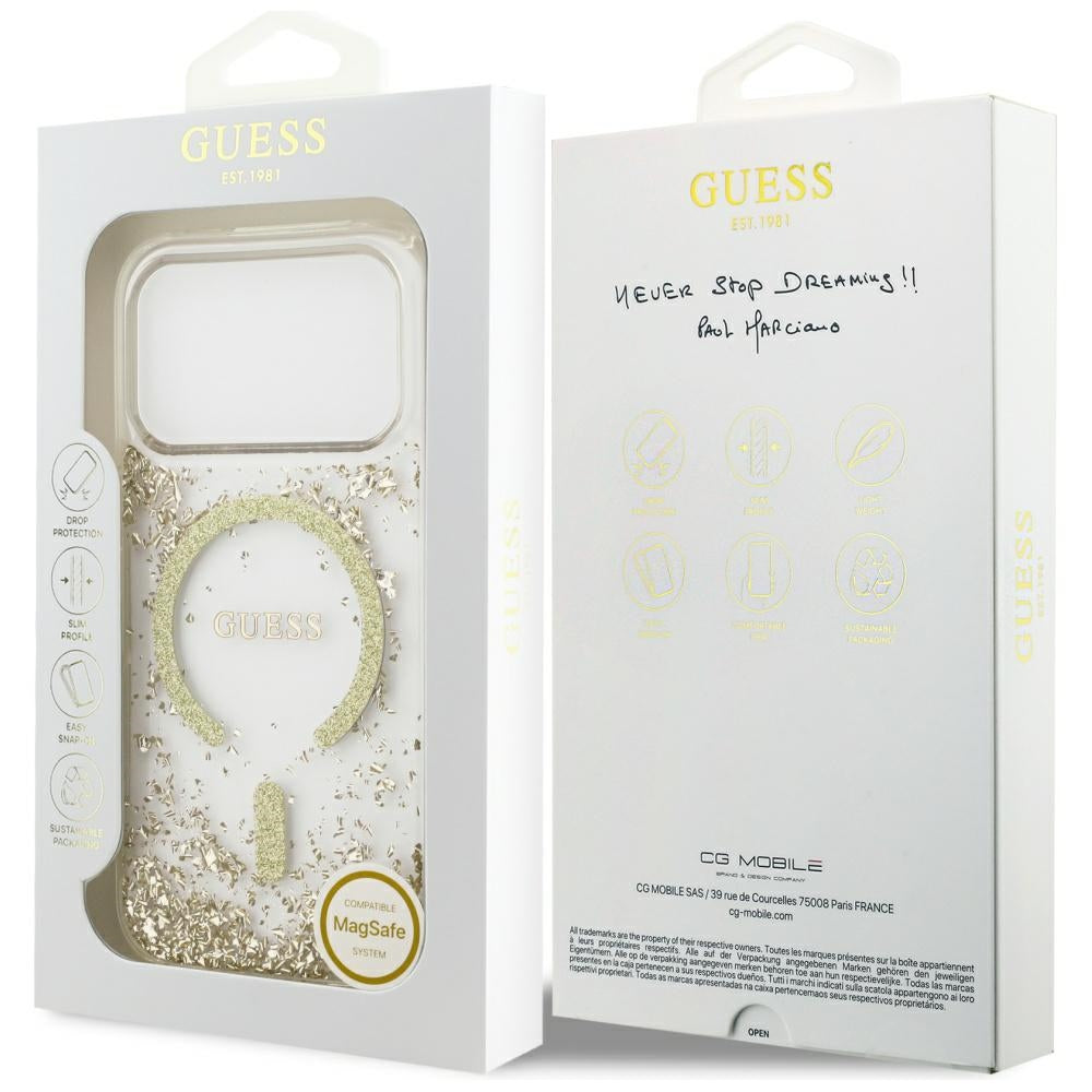 Калъф MagSafe за Apple iPhone 17 Pro, Guess, Resin Bottom Glitter, Златист