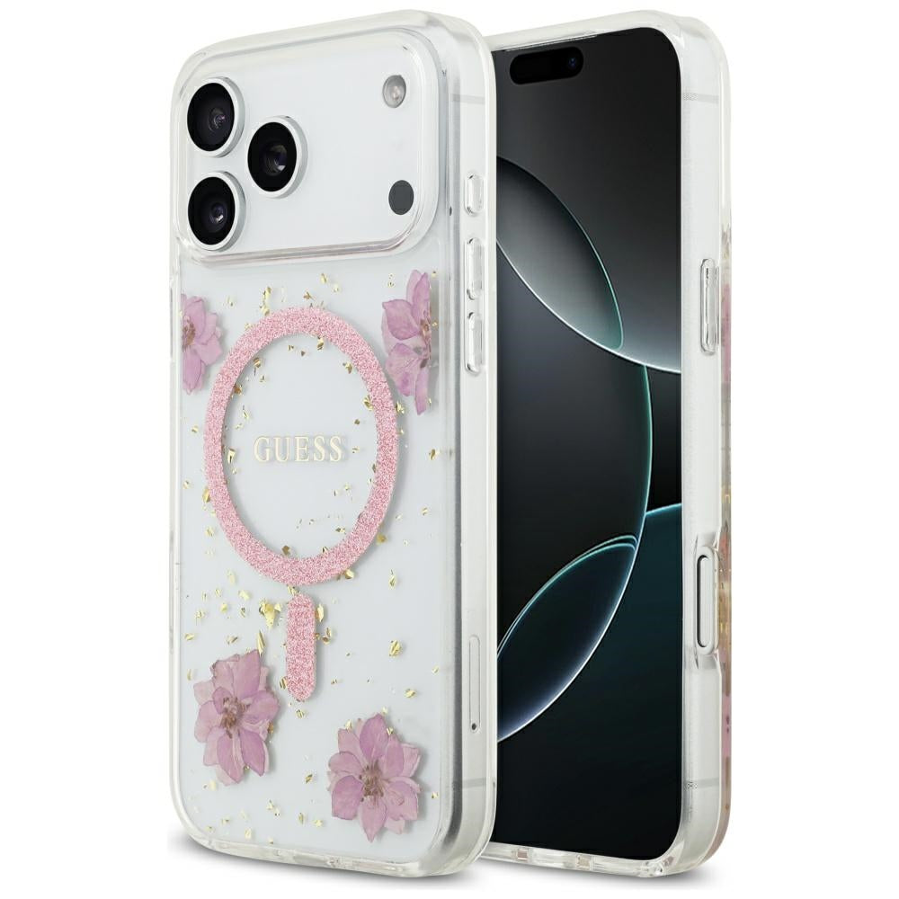 Калъф MagSafe за Apple iPhone 17 Pro, Guess, Resin Flowers and Glitter, Розов