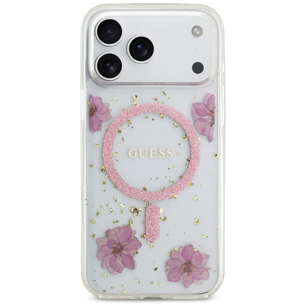 Калъф MagSafe за Apple iPhone 17 Pro, Guess, Resin Flowers and Glitter, Розов