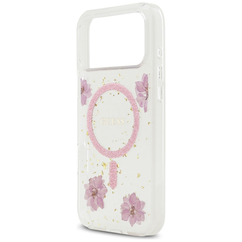 Калъф MagSafe за Apple iPhone 17 Pro, Guess, Resin Flowers and Glitter, Розов