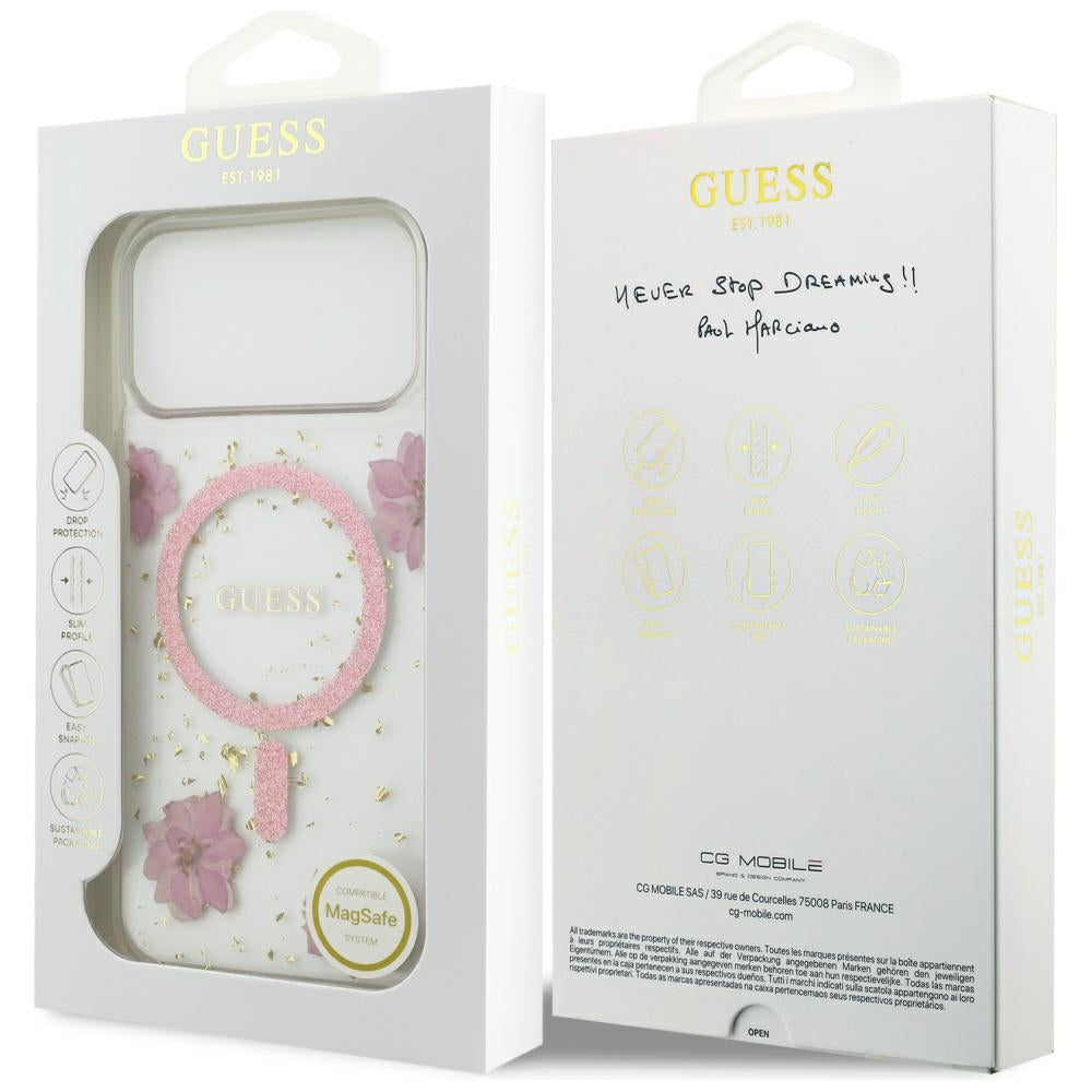 Калъф MagSafe за Apple iPhone 17 Pro, Guess, Resin Flowers and Glitter, Розов