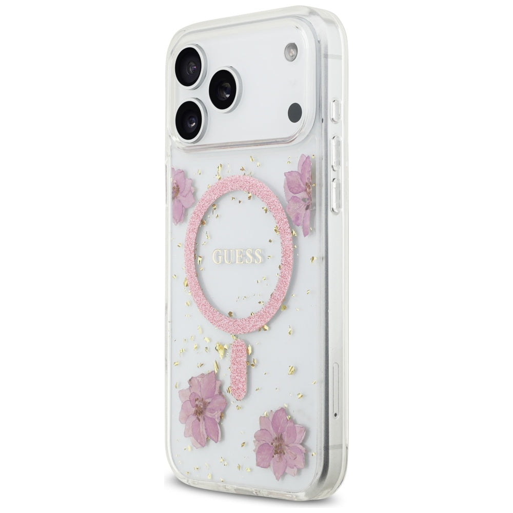 Калъф MagSafe за Apple iPhone 17 Pro, Guess, Resin Flowers and Glitter, Розов