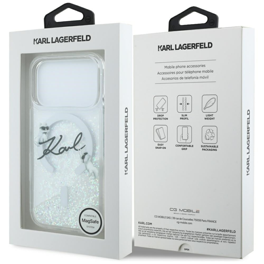Калъф MagSafe за Apple iPhone 17 Pro, Karl Lagerfeld, Glitter Karl Script Logo, Прозрачен