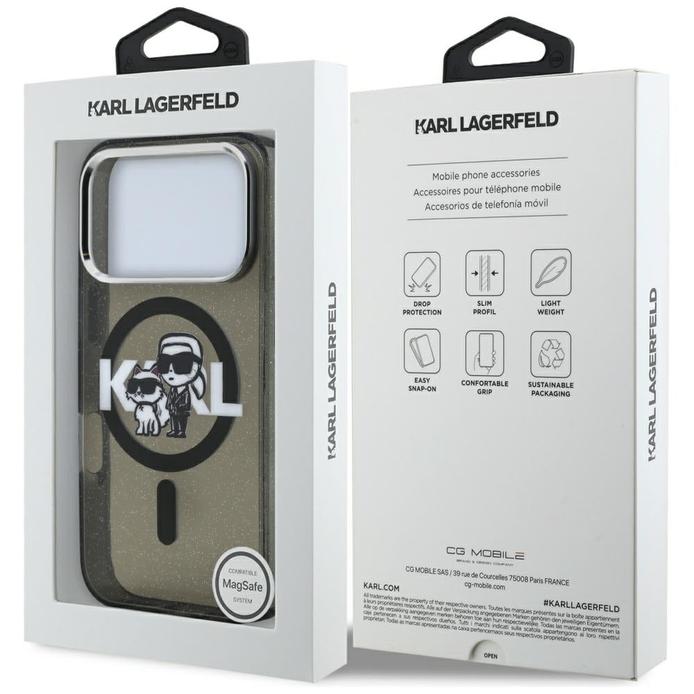 Калъф MagSafe за Apple iPhone 17 Pro, Karl Lagerfeld, IML Sketch Logo Glitter Karl & Choupette, Черен