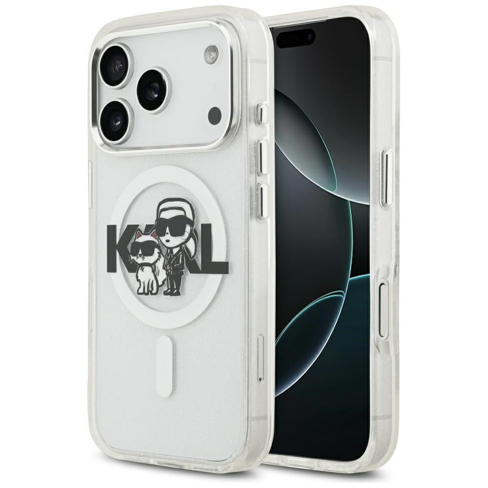 Husa MagSafe за Apple iPhone 17 Pro, Karl Lagerfeld, IML Sketch Logo Glitter Karl & Choupette, Прозрачна