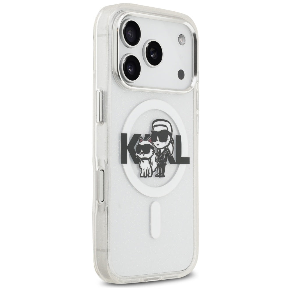 Husa MagSafe за Apple iPhone 17 Pro, Karl Lagerfeld, IML Sketch Logo Glitter Karl & Choupette, Прозрачна
