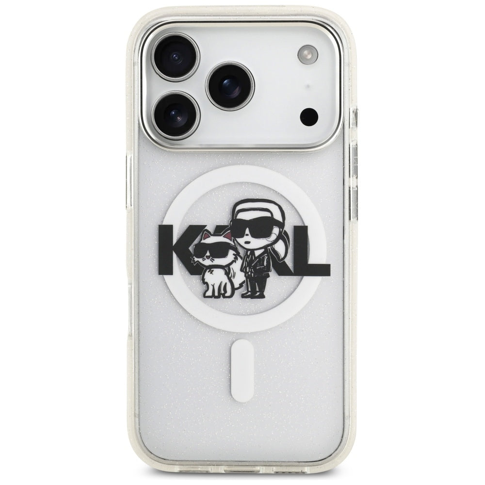 Husa MagSafe за Apple iPhone 17 Pro, Karl Lagerfeld, IML Sketch Logo Glitter Karl & Choupette, Прозрачна