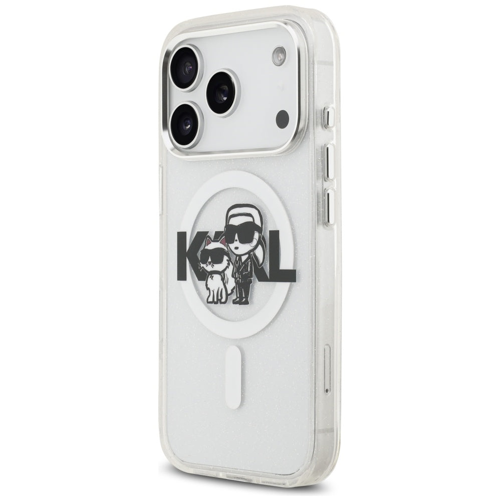 Husa MagSafe за Apple iPhone 17 Pro, Karl Lagerfeld, IML Sketch Logo Glitter Karl & Choupette, Прозрачна