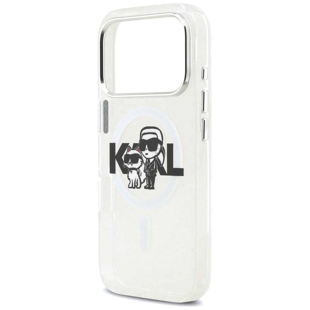 Husa MagSafe за Apple iPhone 17 Pro, Karl Lagerfeld, IML Sketch Logo Glitter Karl & Choupette, Прозрачна
