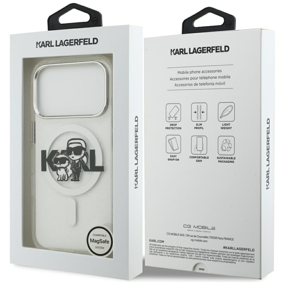 Husa MagSafe за Apple iPhone 17 Pro, Karl Lagerfeld, IML Sketch Logo Glitter Karl & Choupette, Прозрачна