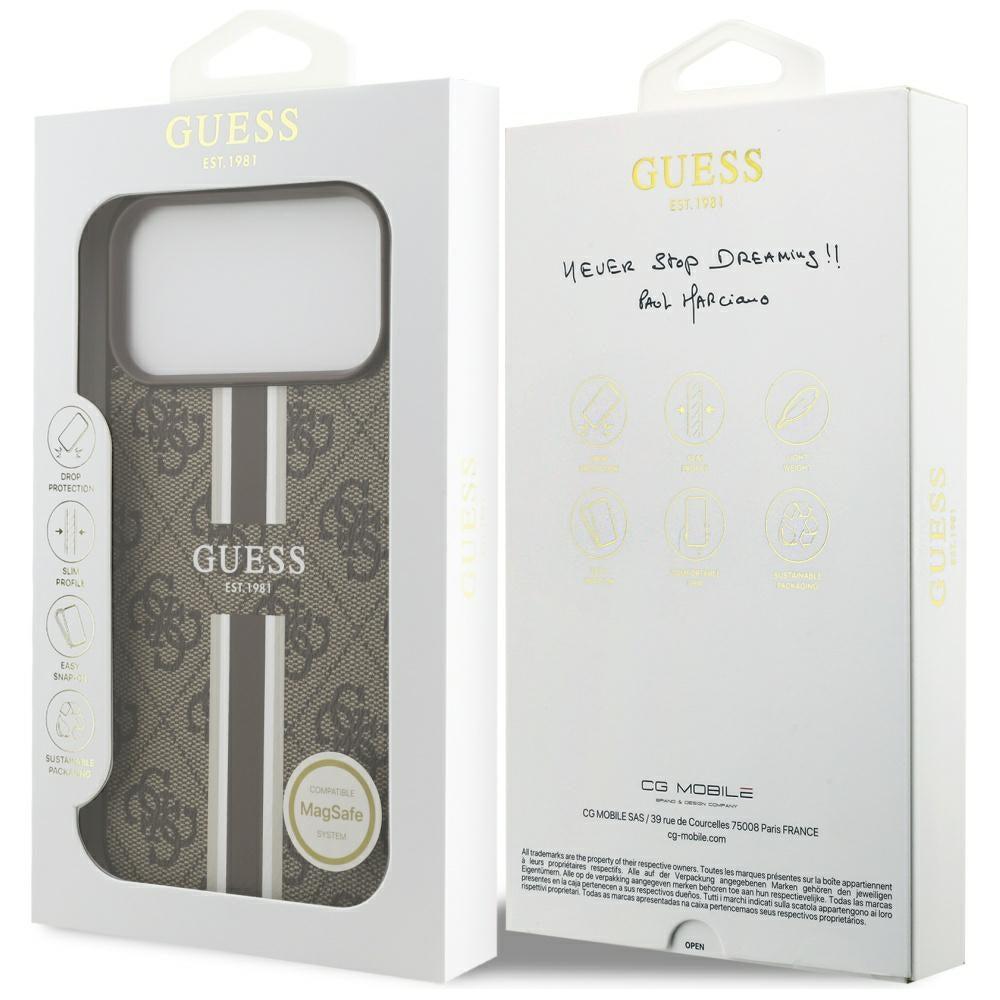 Калъф MagSafe за Apple iPhone 17 Pro Max, Guess, 4G Printed Stripes, Кафяв