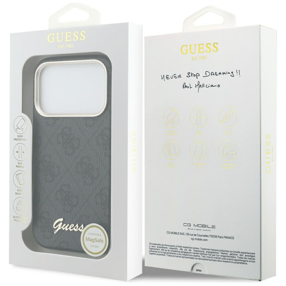 Калъф MagSafe за Apple iPhone 17 Pro Max, Guess, 4G Script Logo, Черен