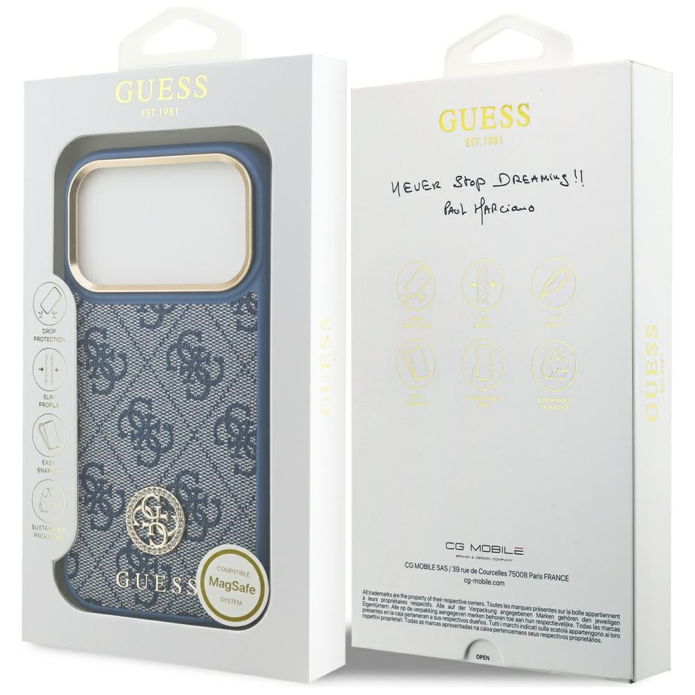 Калъф MagSafe за Apple iPhone 17 Pro Max, Guess, 4G Strass Logo, Син