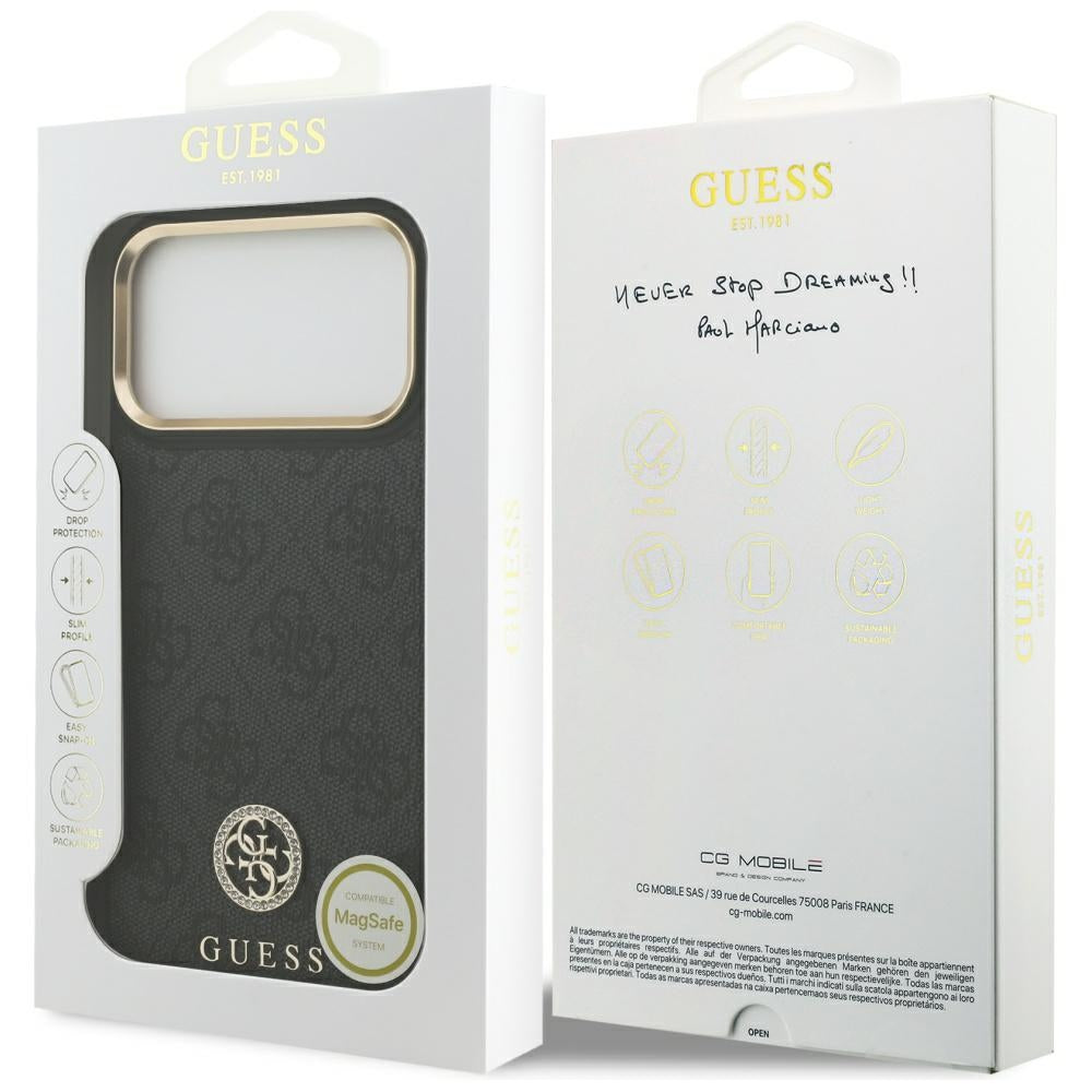 Калъф MagSafe за Apple iPhone 17 Pro Max, Guess, 4G Strass Logo, Черен