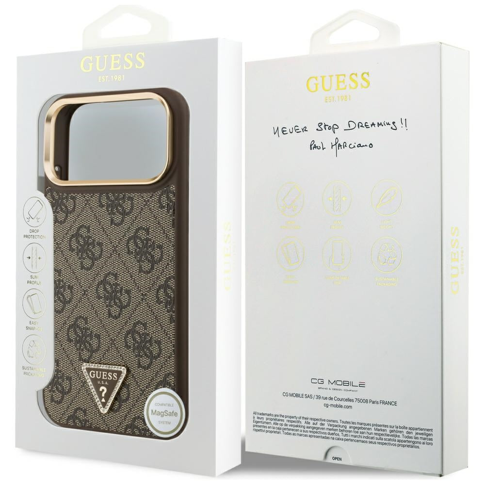 Калъф MagSafe за Apple iPhone 17 Pro Max, Guess, 4G Triangle Logo, Златисто-кафяв