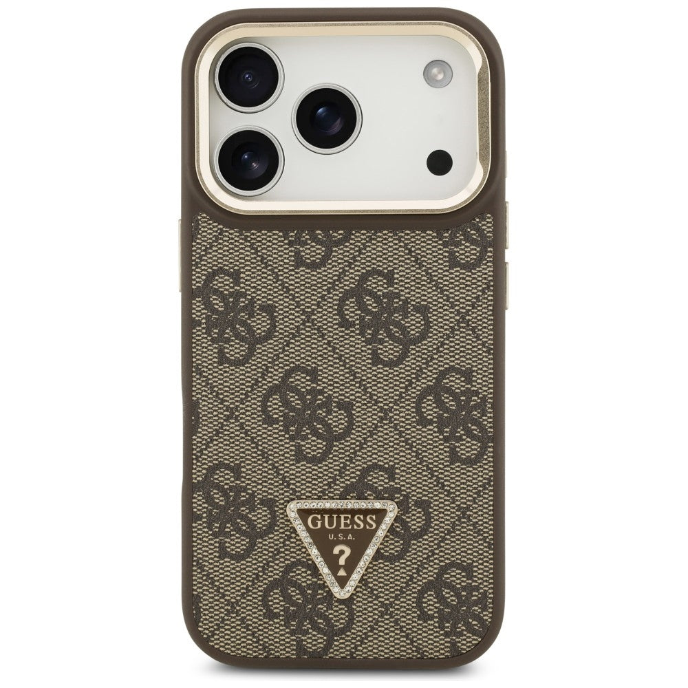 Калъф MagSafe за Apple iPhone 17 Pro Max, Guess, 4G Triangle Logo with Stand Camera, Златисто-кафяв