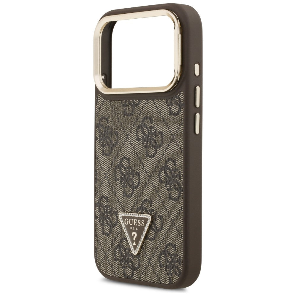 Калъф MagSafe за Apple iPhone 17 Pro Max, Guess, 4G Triangle Logo with Stand Camera, Златисто-кафяв
