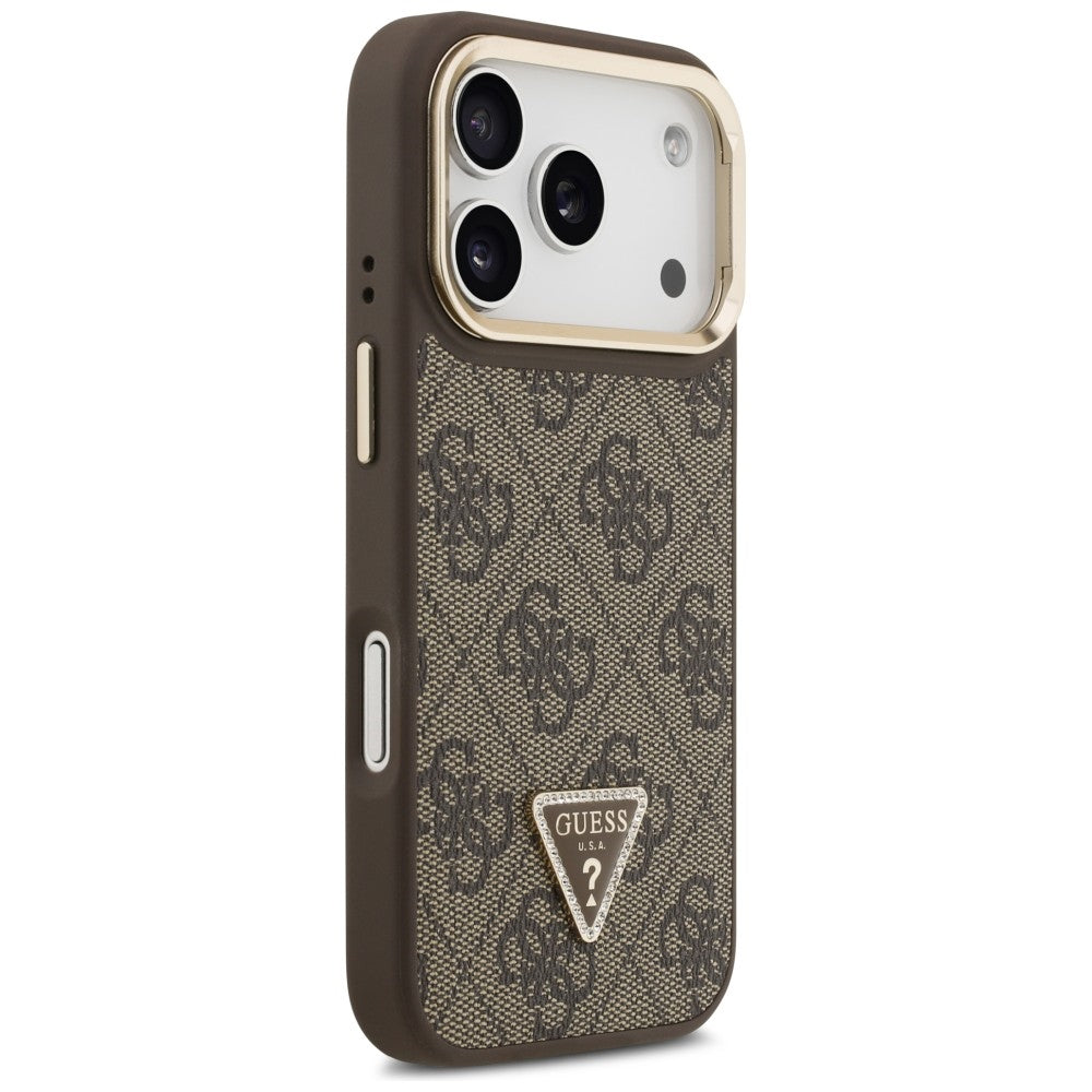 Калъф MagSafe за Apple iPhone 17 Pro Max, Guess, 4G Triangle Logo with Stand Camera, Златисто-кафяв