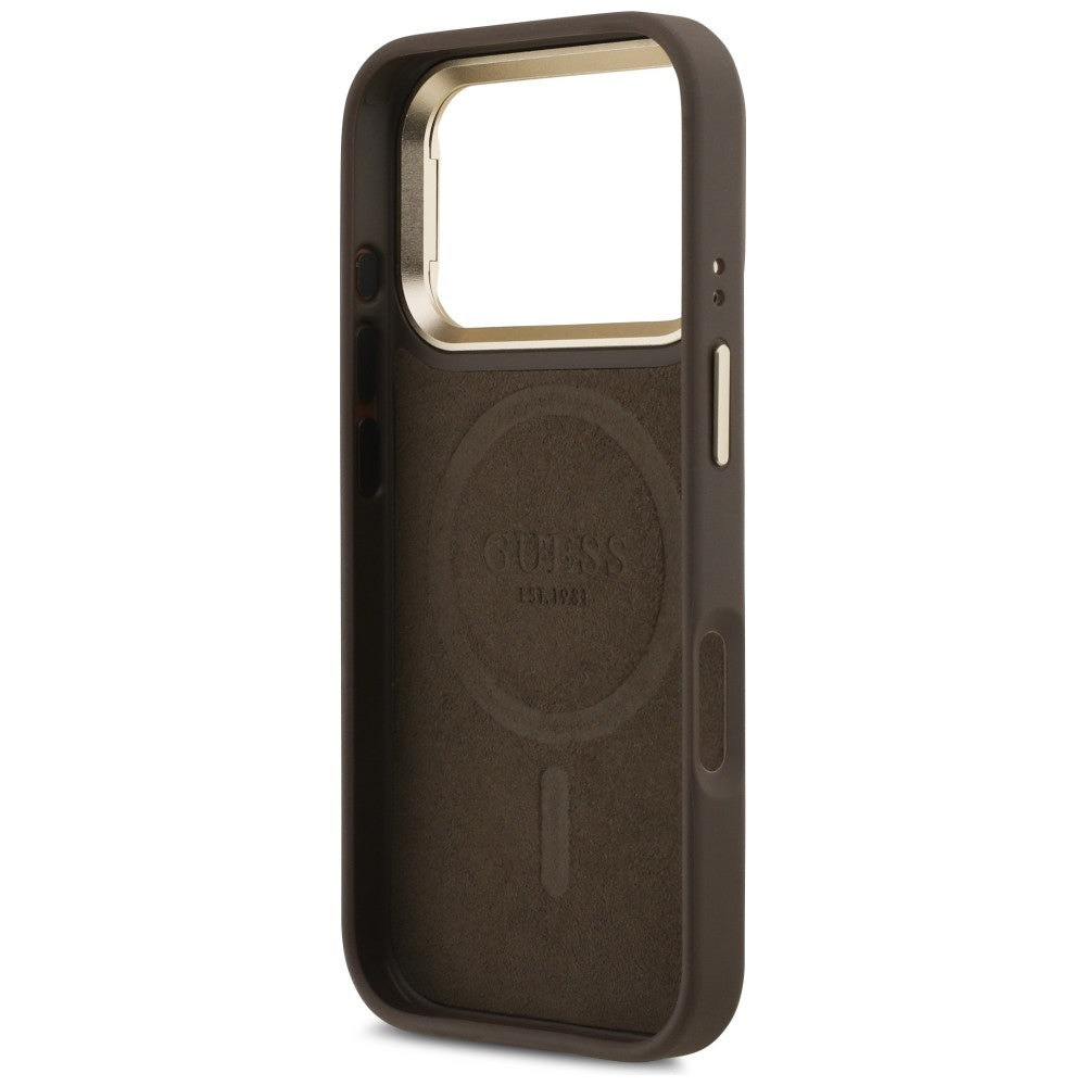Калъф MagSafe за Apple iPhone 17 Pro Max, Guess, 4G Triangle Logo with Stand Camera, Златисто-кафяв