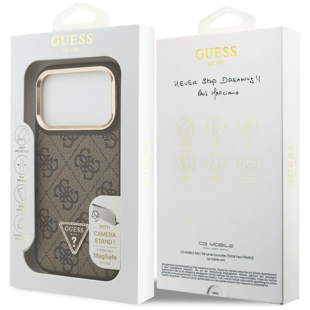 Калъф MagSafe за Apple iPhone 17 Pro Max, Guess, 4G Triangle Logo with Stand Camera, Златисто-кафяв