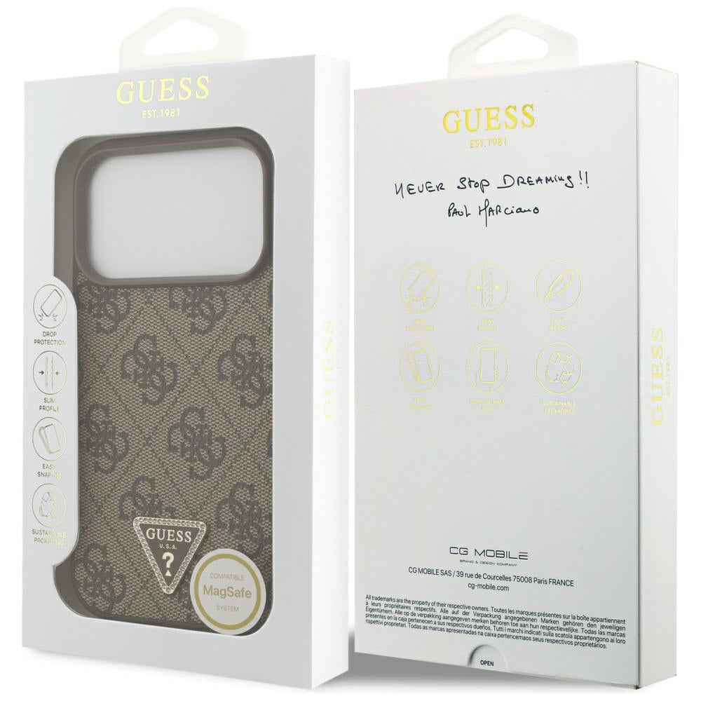 Калъф MagSafe за Apple iPhone 17 Pro Max, Guess, 4G Triangle Strass, Кафяв